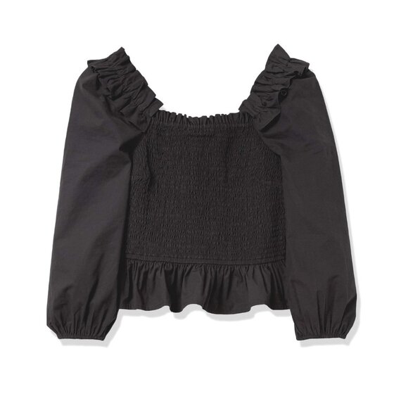 Womens Smocked Peplum Top With Ruffle Trim & 3/4 Sleeves - Black - Picture 1 of 5